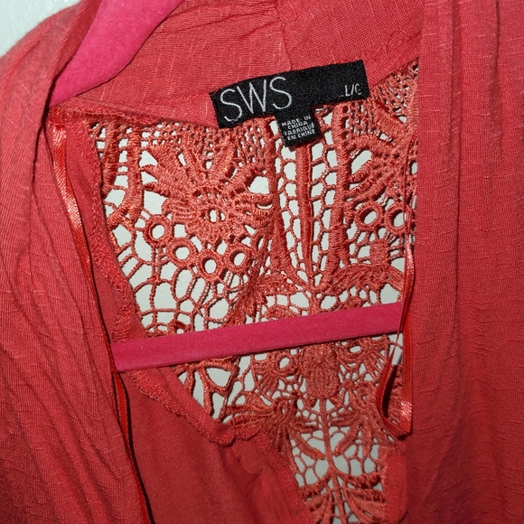 Salmon Colored Long Sleeve Lace Cardigan Boho - Picture 3 of 6